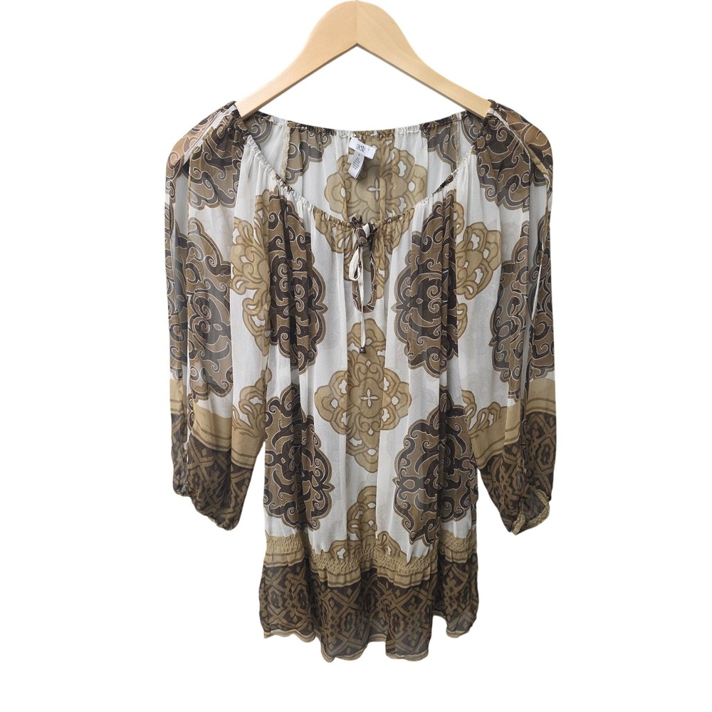 Cache Silk Blouse Women M Brown Tan White Medallion Print Sheer Boho Peasant Top